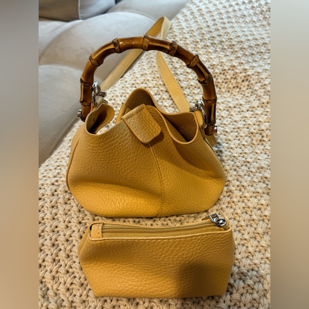 Yellow Leather Handbag with Bamboo Handle